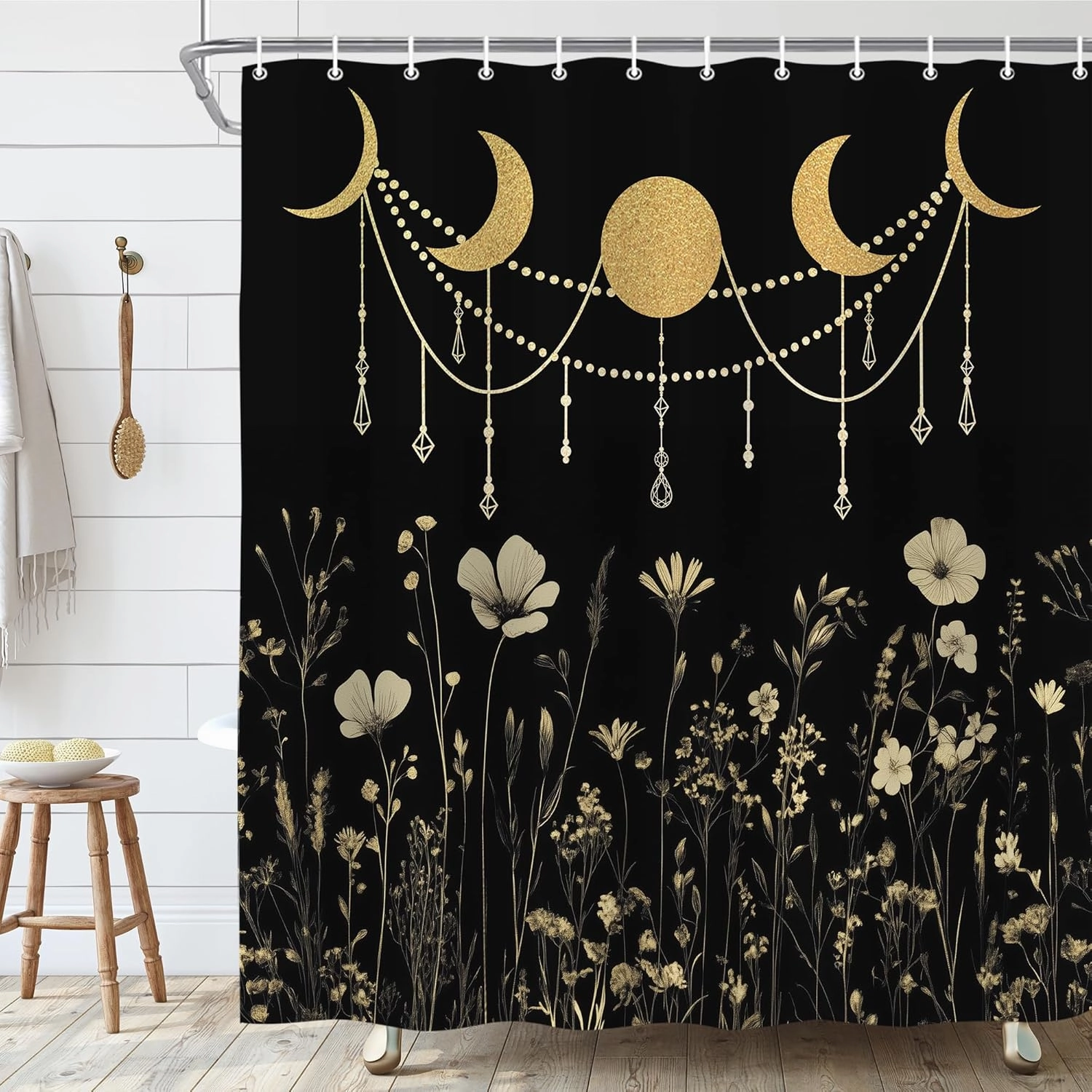 Wildflower Moon Phase Shower Curtain for Bathroom, Gold Dark Floral Rustic Botanical Plant Leaves Vintage Art Bath Curtain, Polyester Waterproof Shower Curtain Set with 12 Hooks 72"x72"