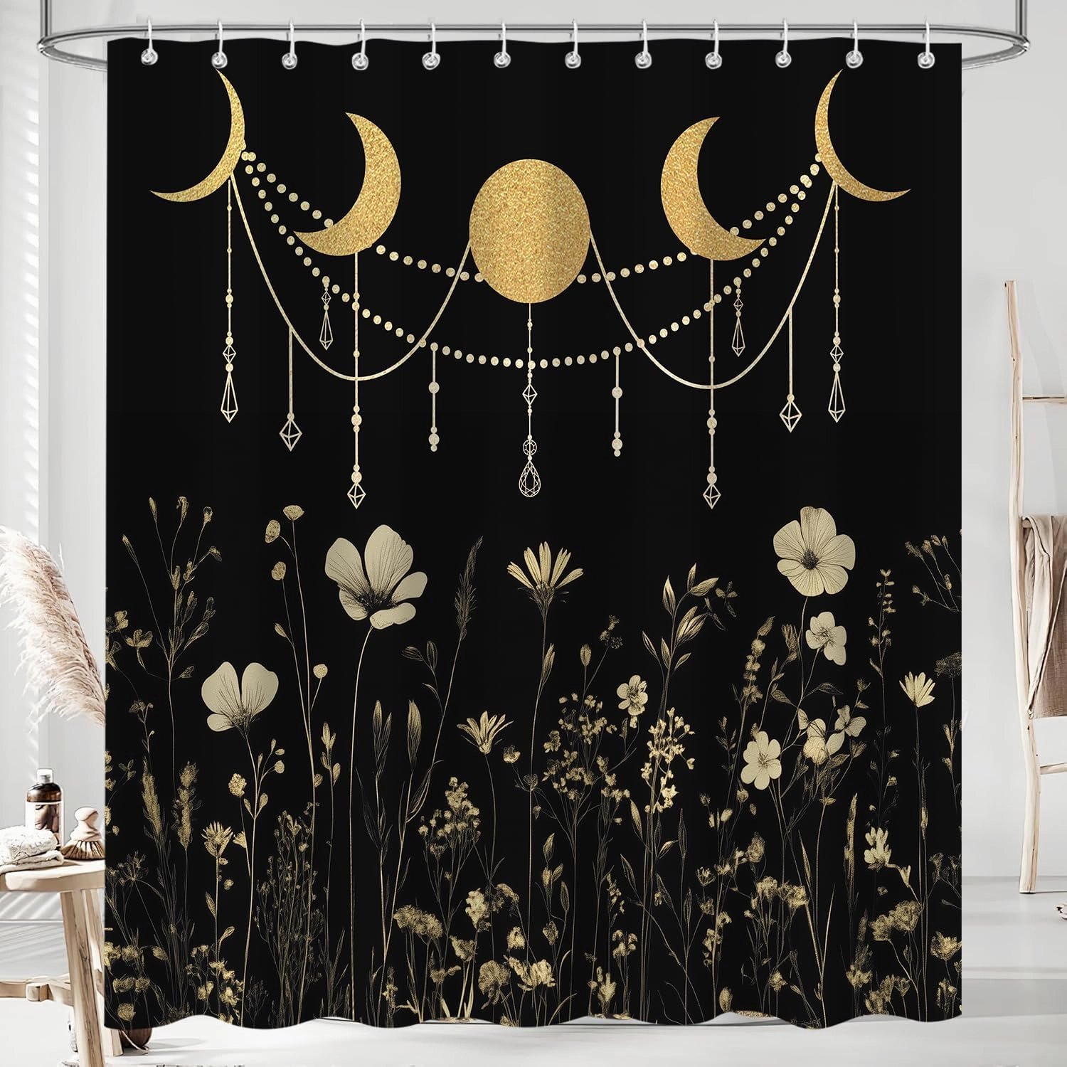 Wildflower Moon Phase Shower Curtain for Bathroom, Gold Dark Floral Rustic Botanical Plant Leaves Vintage Art Bath Curtain, Polyester Waterproof Shower Curtain Set with 12 Hooks 72"x72"