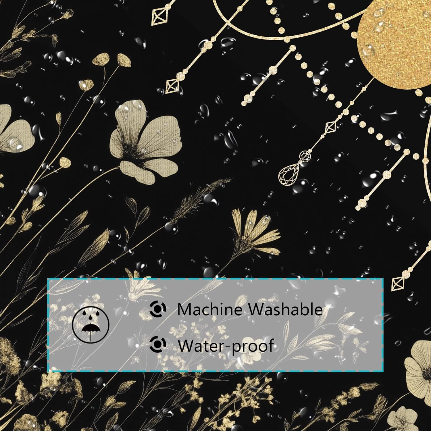 Wildflower Moon Phase Shower Curtain for Bathroom, Gold Dark Floral Rustic Botanical Plant Leaves Vintage Art Bath Curtain, Polyester Waterproof Shower Curtain Set with 12 Hooks 72"x72"