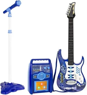 Willbebest Kids Karaoke Microphone Guitar Musical Set Kids Electric Guitar Microphone Amplifier Set Karaoke Machine Musical Instruments Toy Electric Guitar with Microphone for Boys and Girls (Blue)