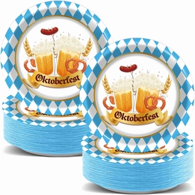 Wiooffen 100Pcs Oktoberfest Party Supplies 7" Paper Plates Oktoberfest Theme Tableware Set Blue and White Flag Check Plates Decorations Favors for Oktoberfest Celebrations Beer Festival Party