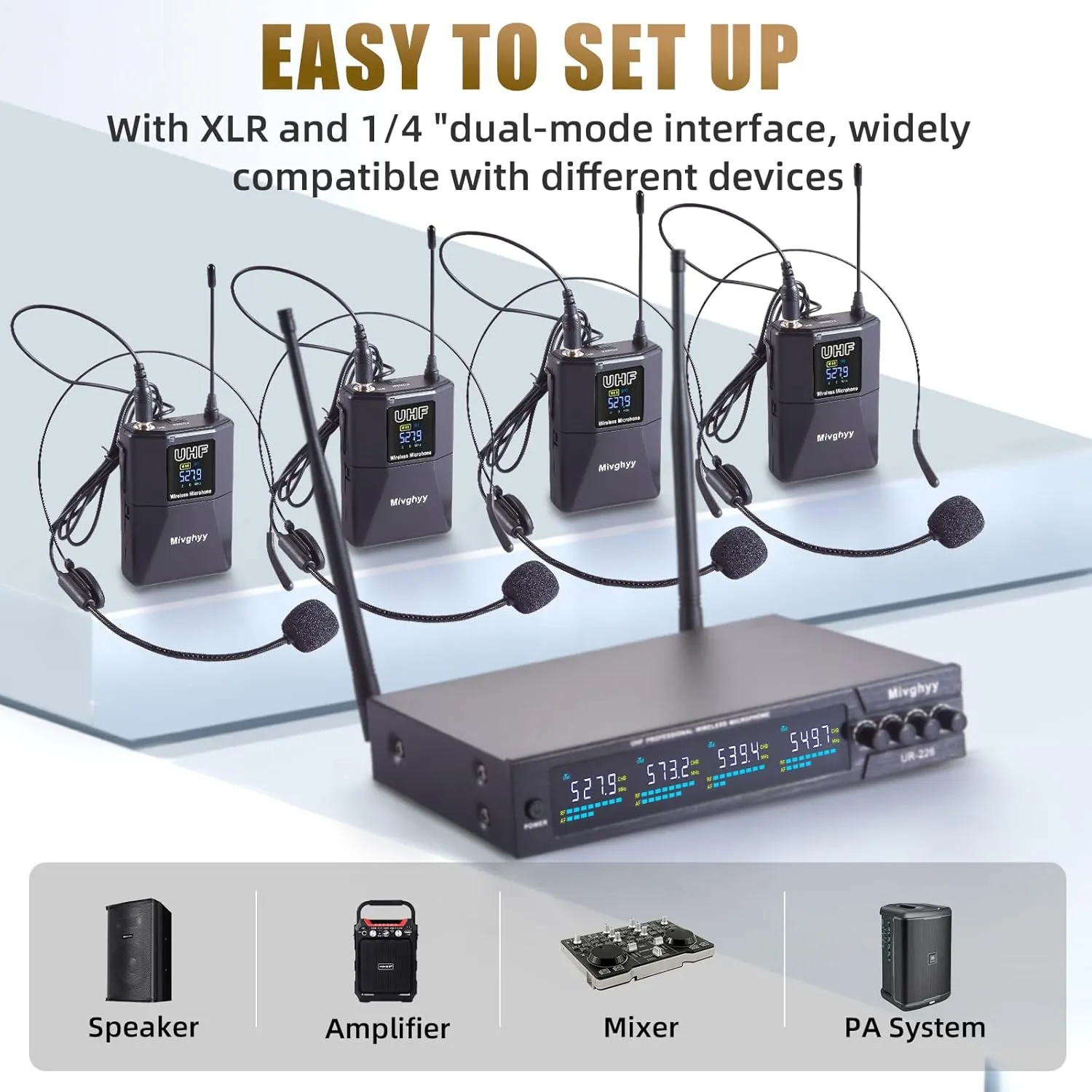 Wireless Microphones System with UHF Headset/Lavalier Lapel Mics, Bodypack Transmitter, 4 x 50 Channels, 164ft Range for Church Conference Performance Singing Karaoke PA Speaker Mixer