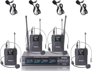 Wireless Microphones System with UHF Headset/Lavalier Lapel Mics, Bodypack Transmitter, 4 x 50 Channels, 164ft Range for Church Conference Performance Singing Karaoke PA Speaker Mixer