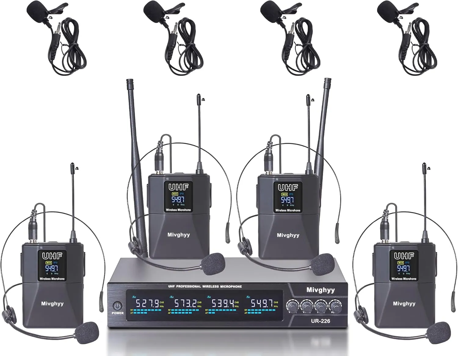 Wireless Microphones System with UHF Headset/Lavalier Lapel Mics, Bodypack Transmitter, 4 x 50 Channels, 164ft Range for Church Conference Performance Singing Karaoke PA Speaker Mixer