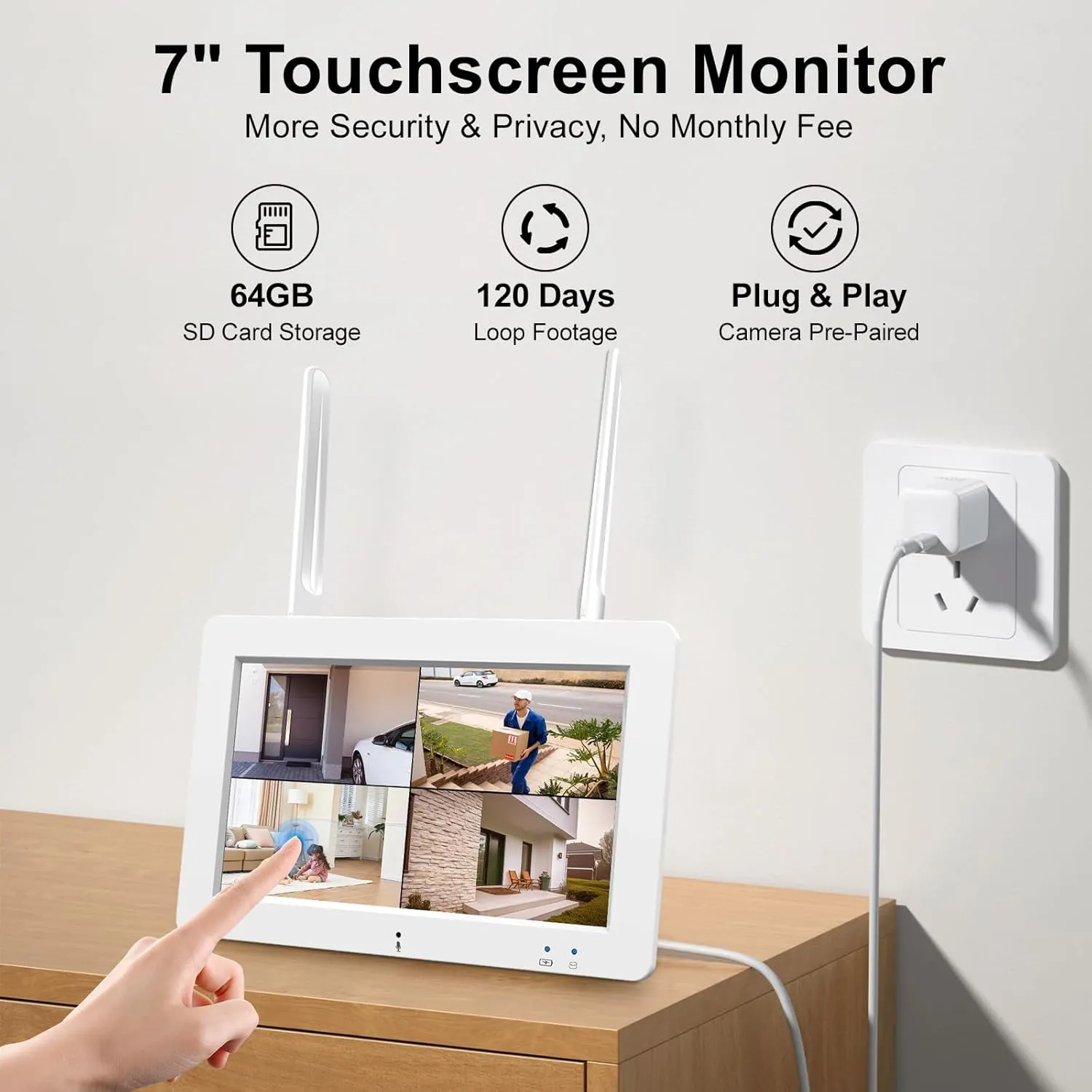 Wireless Security Camera System with 7" Touchscreen Monitor, 2PCS 4MP WiFi Solar Powered Camera Outdoor, PIR Human Detection, 2-Way Audio, Color Night Vision, Pre-Installed 64GB SD Card