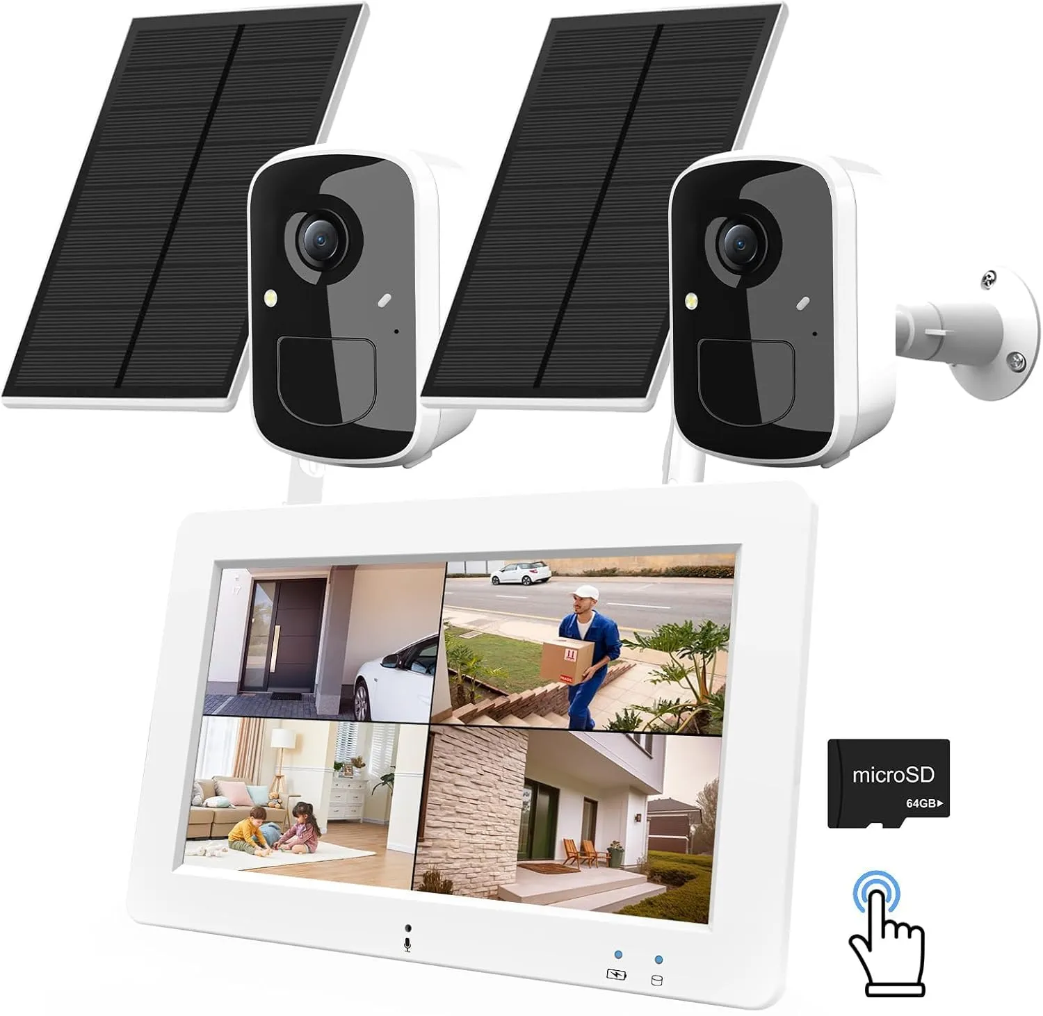 Wireless Security Camera System with 7" Touchscreen Monitor, 2PCS 4MP WiFi Solar Powered Camera Outdoor, PIR Human Detection, 2-Way Audio, Color Night Vision, Pre-Installed 64GB SD Card