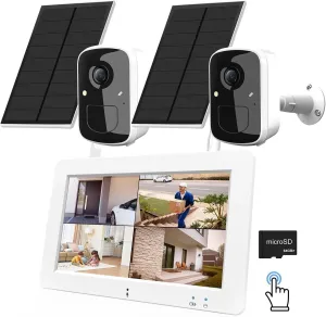 Wireless Security Camera System with 7" Touchscreen Monitor, 2PCS 4MP WiFi Solar Powered Camera Outdoor, PIR Human Detection, 2-Way Audio, Color Night Vision, Pre-Installed 64GB SD Card