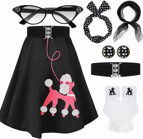 Women 1950s Poodle Skirt Costume Outfit Sock Hop Costume Skirt Scarf Belt Sock Eyeglass
