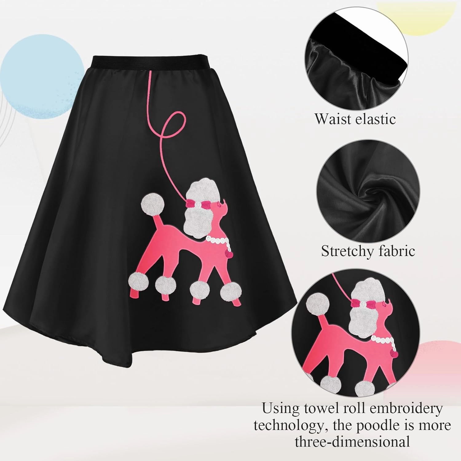 Women 1950s Poodle Skirt Costume Outfit Sock Hop Costume Skirt Scarf Belt Sock Eyeglass