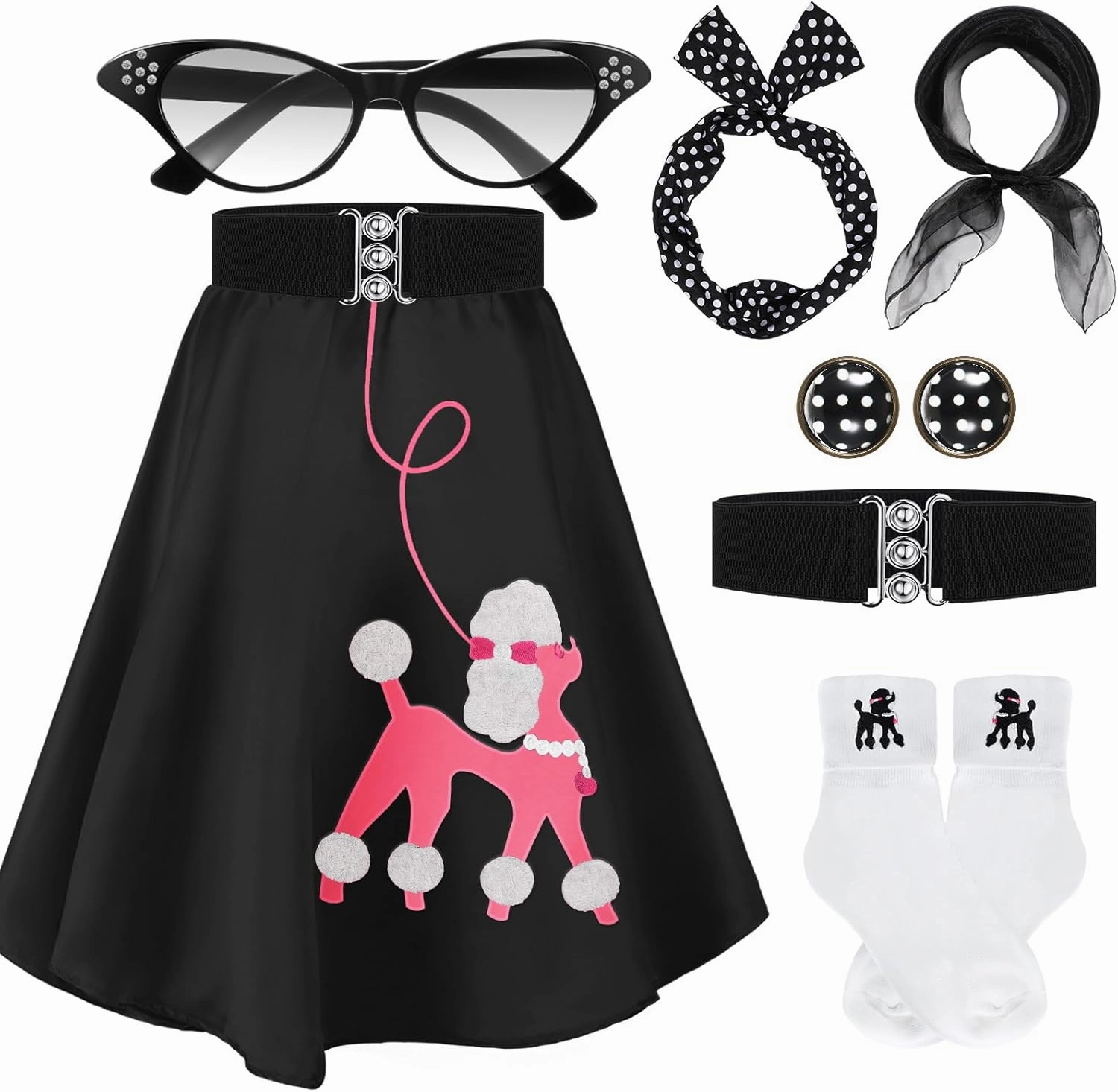 Women 1950s Poodle Skirt Costume Outfit Sock Hop Costume Skirt Scarf Belt Sock Eyeglass
