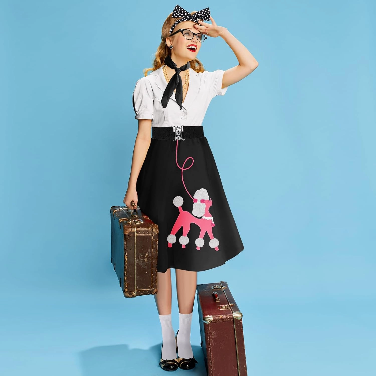 Women 1950s Poodle Skirt Costume Outfit Sock Hop Costume Skirt Scarf Belt Sock Eyeglass