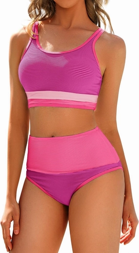 Women High Waist Bikini Set Color Block Crop Top Two Piece Swimsuits Sporty Scoop Neck Bathing Suits