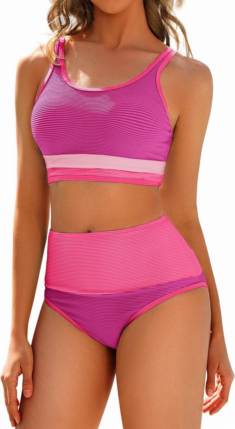 Women High Waist Bikini Set Color Block Crop Top Two Piece Swimsuits Sporty Scoop Neck Bathing Suits