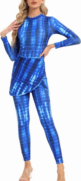 Womens 3 Pieces Long Sleeve Back Zipper Muslim Swimsuits Full Cover Islamic Swimwear Modest Print Burkini Bathing Suit