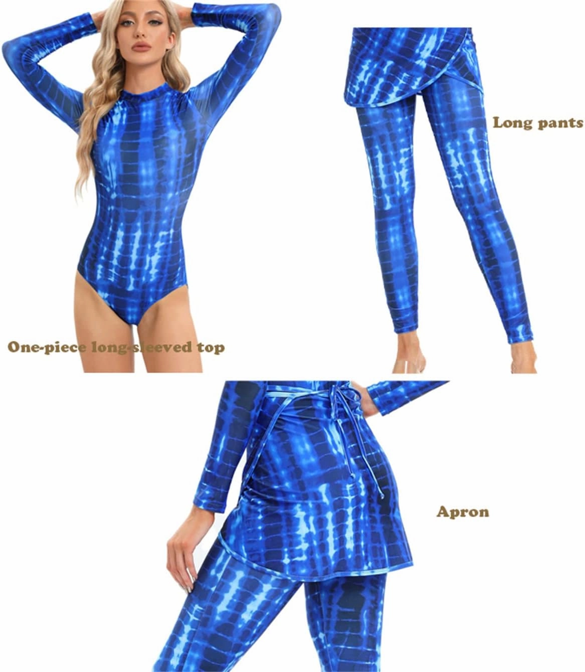 Womens 3 Pieces Long Sleeve Back Zipper Muslim Swimsuits Full Cover Islamic Swimwear Modest Print Burkini Bathing Suit