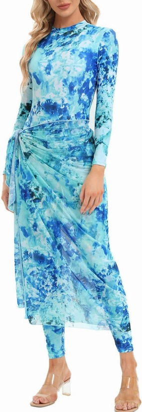 Womens 3 Pieces Long Sleeve Back Zipper Muslim Swimsuits Full Cover Islamic Swimwear Modest Print Burkini Bathing Suit