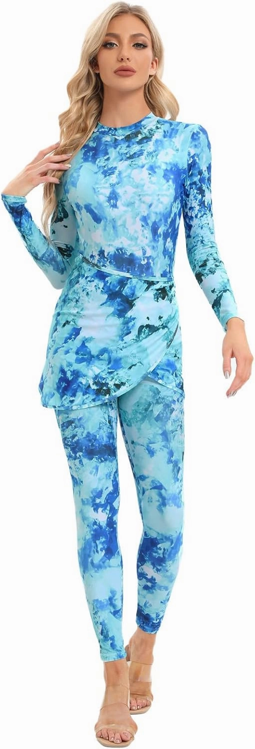 Womens 3 Pieces Long Sleeve Back Zipper Muslim Swimsuits Full Cover Islamic Swimwear Modest Print Burkini Bathing Suit
