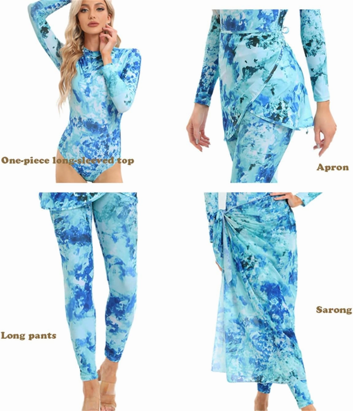 Womens 3 Pieces Long Sleeve Back Zipper Muslim Swimsuits Full Cover Islamic Swimwear Modest Print Burkini Bathing Suit