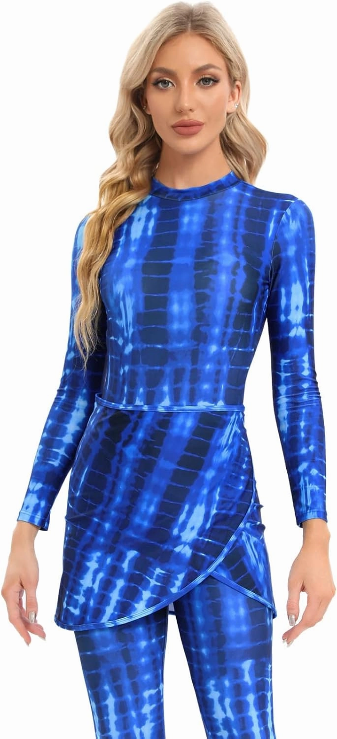 Womens 3 Pieces Long Sleeve Back Zipper Muslim Swimsuits Full Cover Islamic Swimwear Modest Print Burkini Bathing Suit