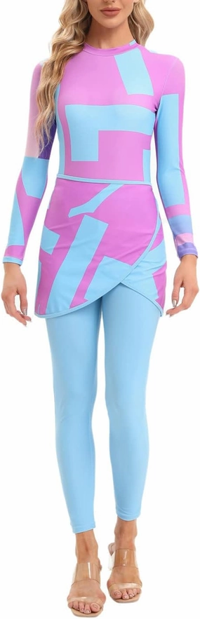 Womens 3 Pieces Long Sleeve Back Zipper Muslim Swimsuits Full Cover Islamic Swimwear Modest Print Burkini Bathing Suit