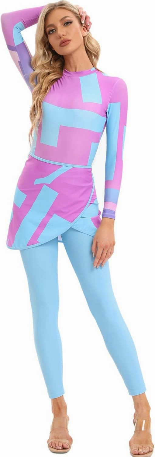 Womens 3 Pieces Long Sleeve Back Zipper Muslim Swimsuits Full Cover Islamic Swimwear Modest Print Burkini Bathing Suit