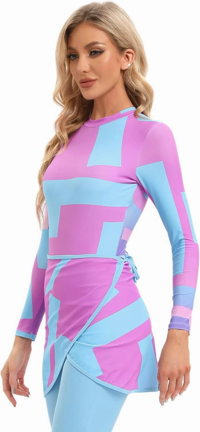 Womens 3 Pieces Long Sleeve Back Zipper Muslim Swimsuits Full Cover Islamic Swimwear Modest Print Burkini Bathing Suit