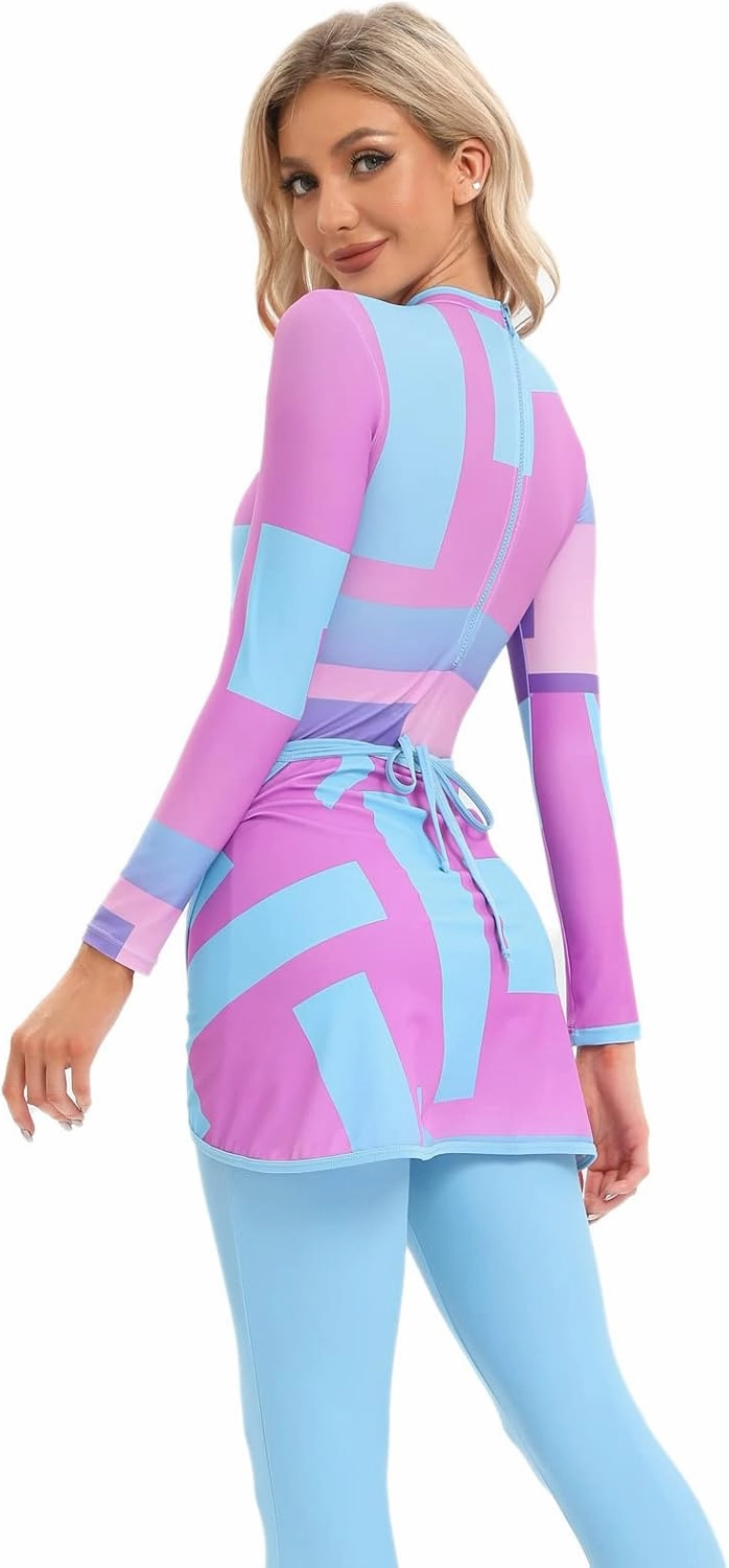 Womens 3 Pieces Long Sleeve Back Zipper Muslim Swimsuits Full Cover Islamic Swimwear Modest Print Burkini Bathing Suit