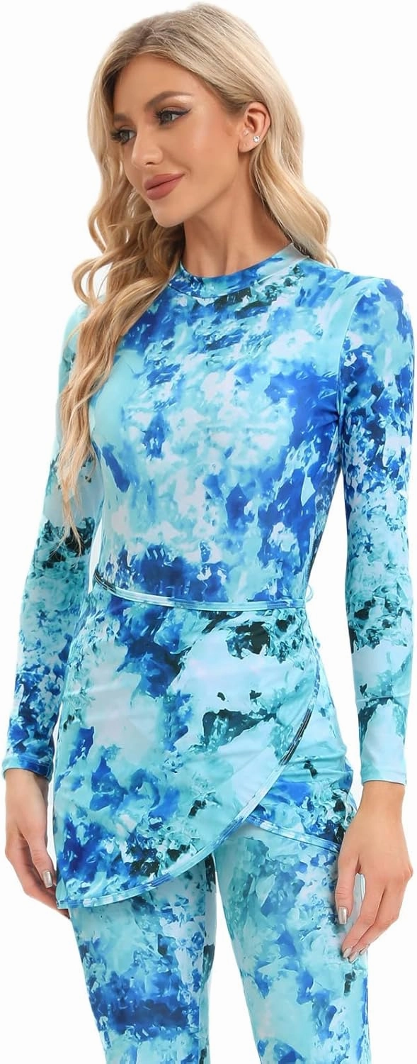 Womens 3 Pieces Long Sleeve Back Zipper Muslim Swimsuits Full Cover Islamic Swimwear Modest Print Burkini Bathing Suit