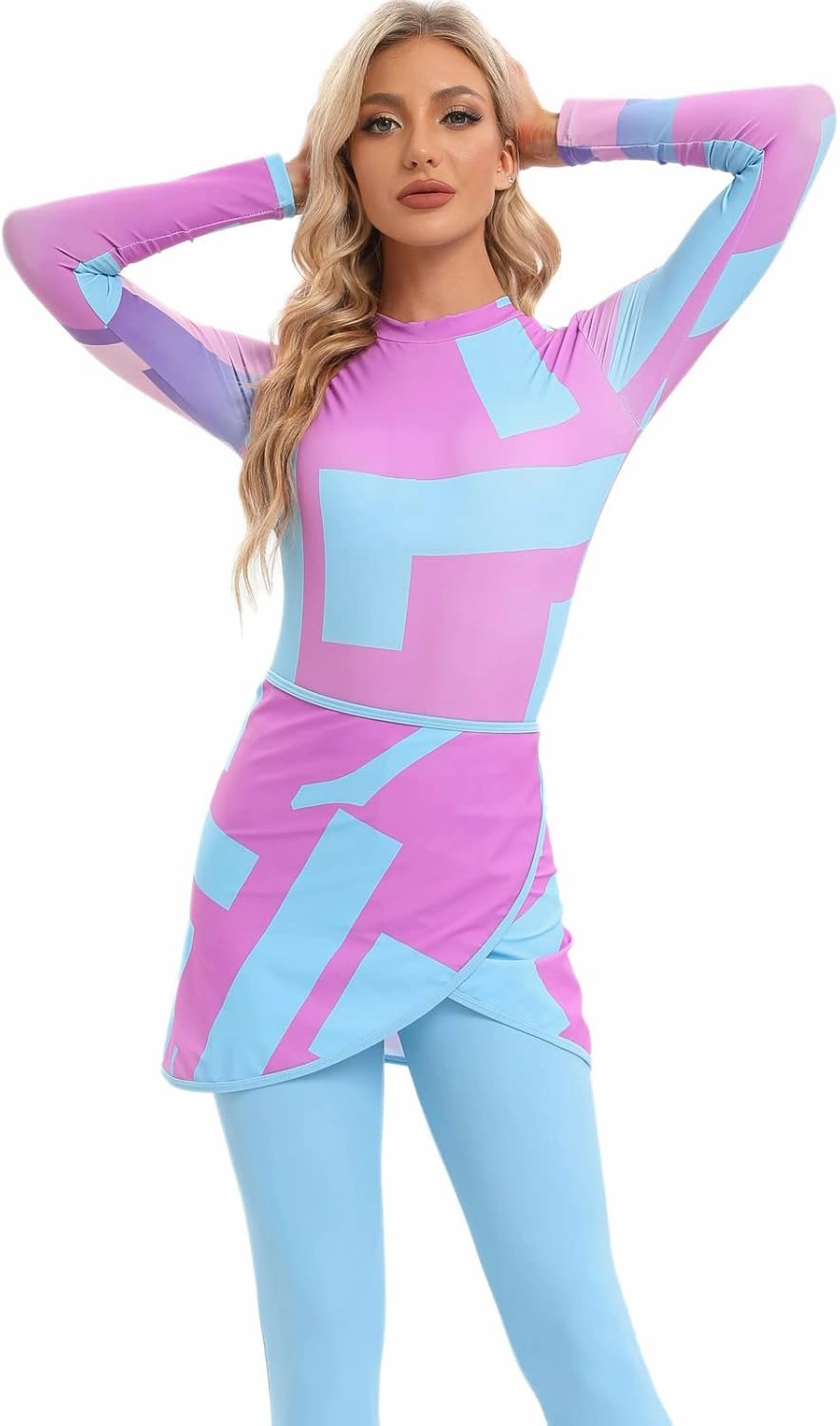 Womens 3 Pieces Long Sleeve Back Zipper Muslim Swimsuits Full Cover Islamic Swimwear Modest Print Burkini Bathing Suit