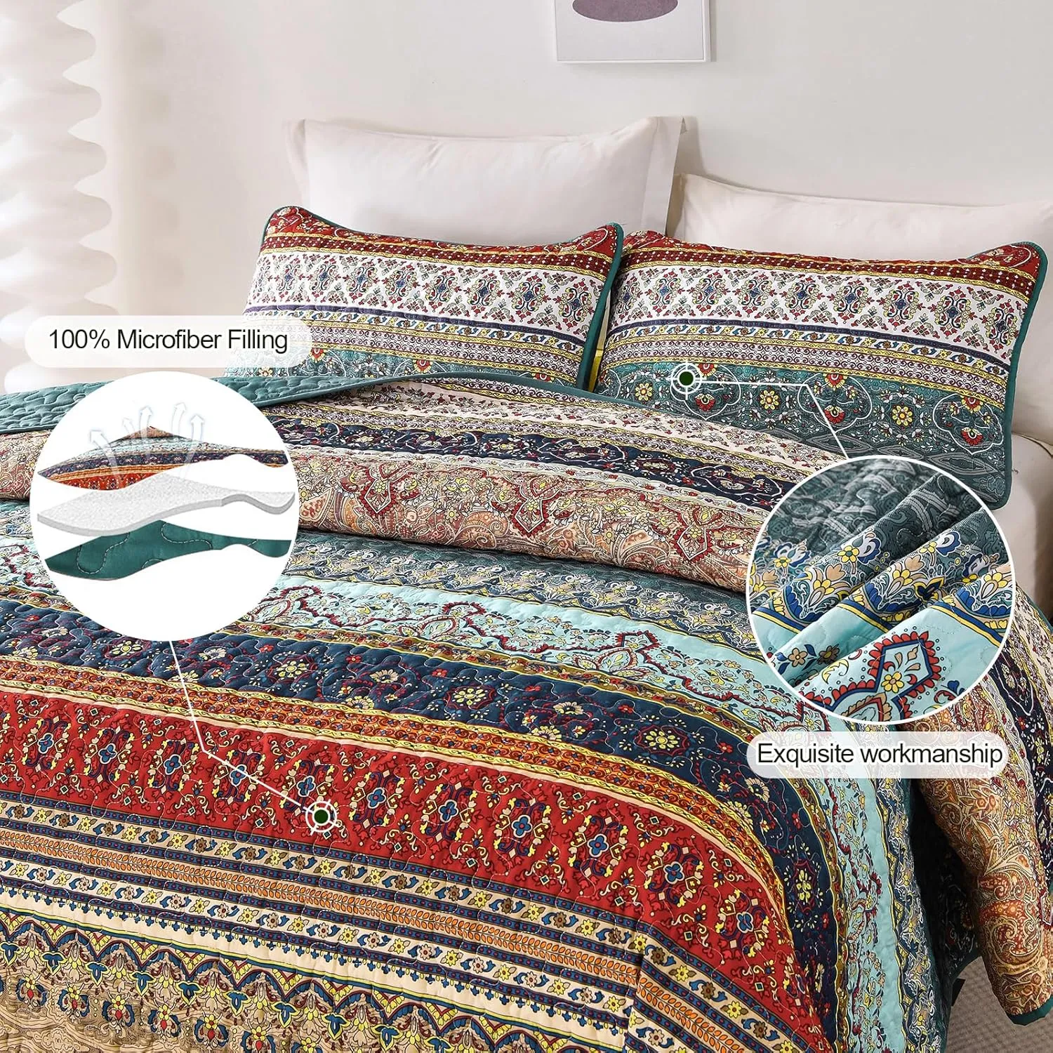 WONGS BEDDING Boho King Quilt Set, Green and Brown Bohemian King Quilt Bedding Set, Lightweight Microfiber Bed Decor Bedspread for All Season 103"x90"(3 Pieces)