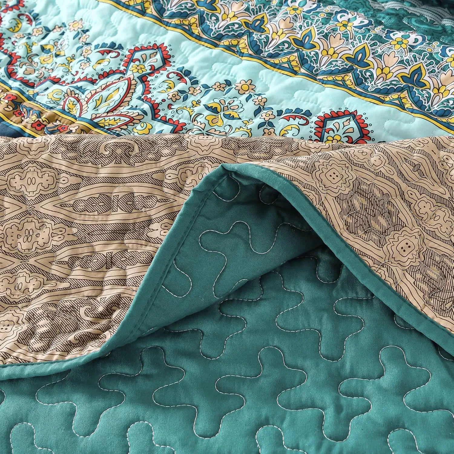WONGS BEDDING Boho King Quilt Set, Green and Brown Bohemian King Quilt Bedding Set, Lightweight Microfiber Bed Decor Bedspread for All Season 103"x90"(3 Pieces)