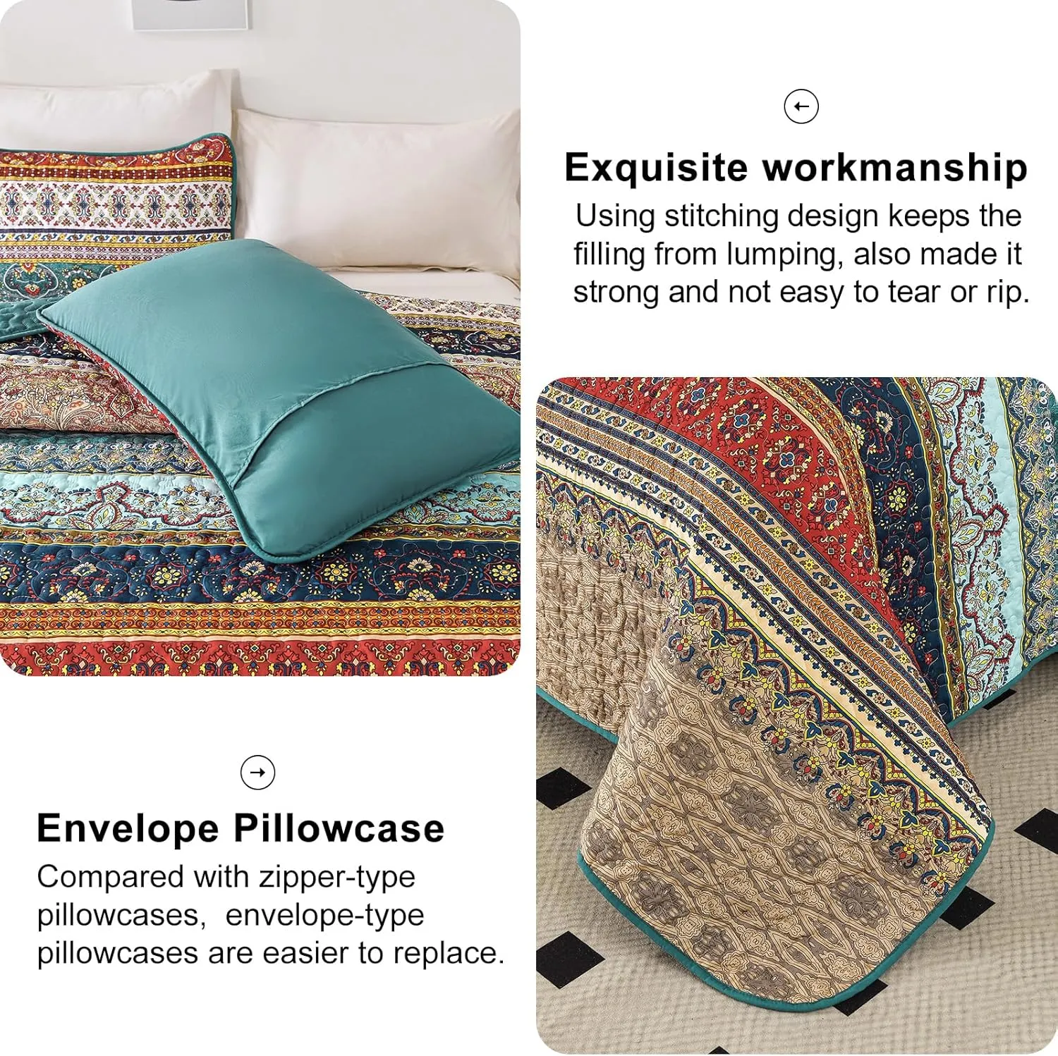 WONGS BEDDING Boho King Quilt Set, Green and Brown Bohemian King Quilt Bedding Set, Lightweight Microfiber Bed Decor Bedspread for All Season 103"x90"(3 Pieces)