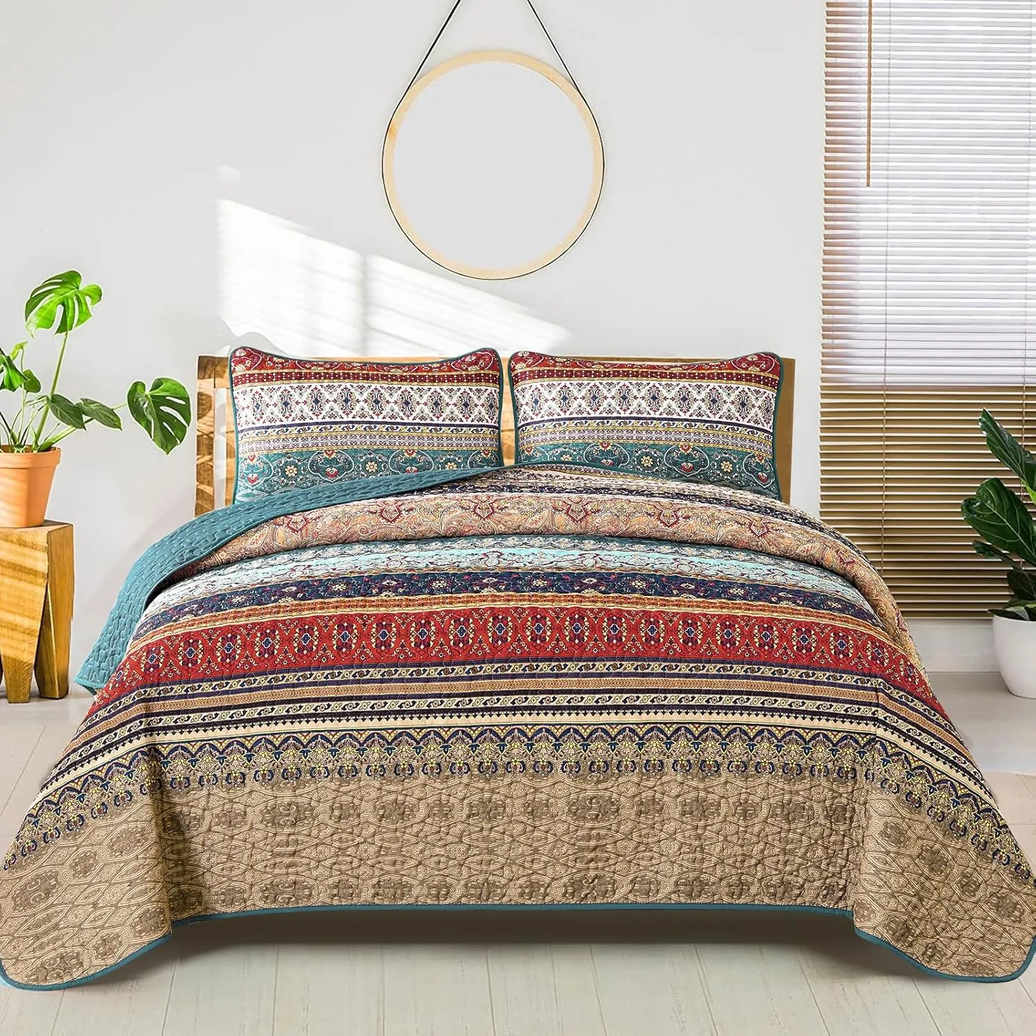 WONGS BEDDING Boho King Quilt Set, Green and Brown Bohemian King Quilt Bedding Set, Lightweight Microfiber Bed Decor Bedspread for All Season 103"x90"(3 Pieces)