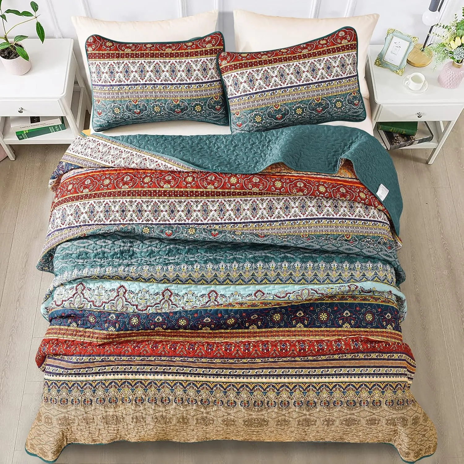 WONGS BEDDING Boho King Quilt Set, Green and Brown Bohemian King Quilt Bedding Set, Lightweight Microfiber Bed Decor Bedspread for All Season 103"x90"(3 Pieces)