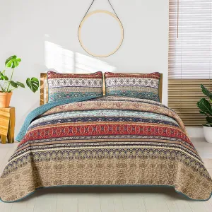 WONGS BEDDING Boho King Quilt Set, Green and Brown Bohemian King Quilt Bedding Set, Lightweight Microfiber Bed Decor Bedspread for All Season 103"x90"(3 Pieces)