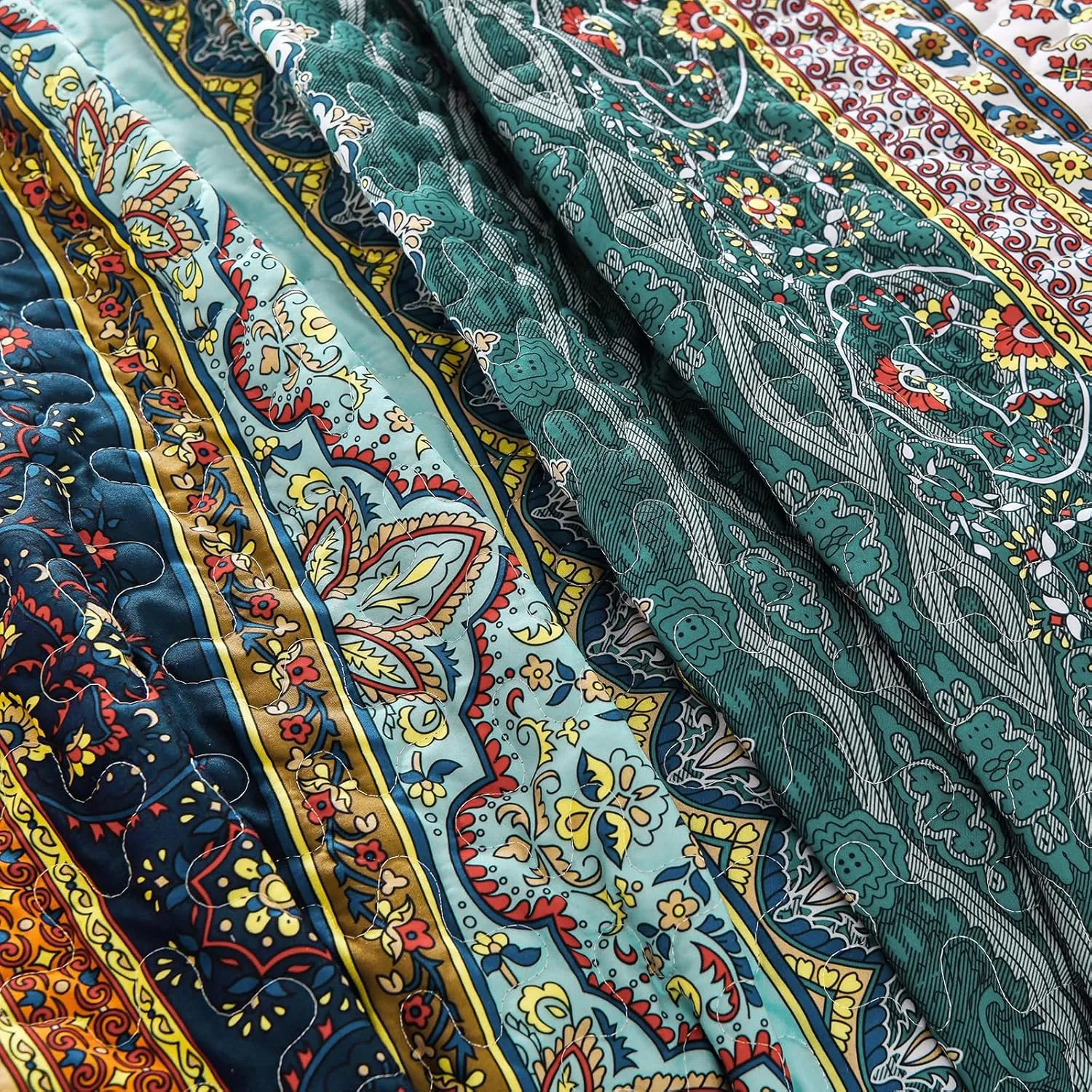 WONGS BEDDING Boho King Quilt Set, Green and Brown Bohemian King Quilt Bedding Set, Lightweight Microfiber Bed Decor Bedspread for All Season 103"x90"(3 Pieces)