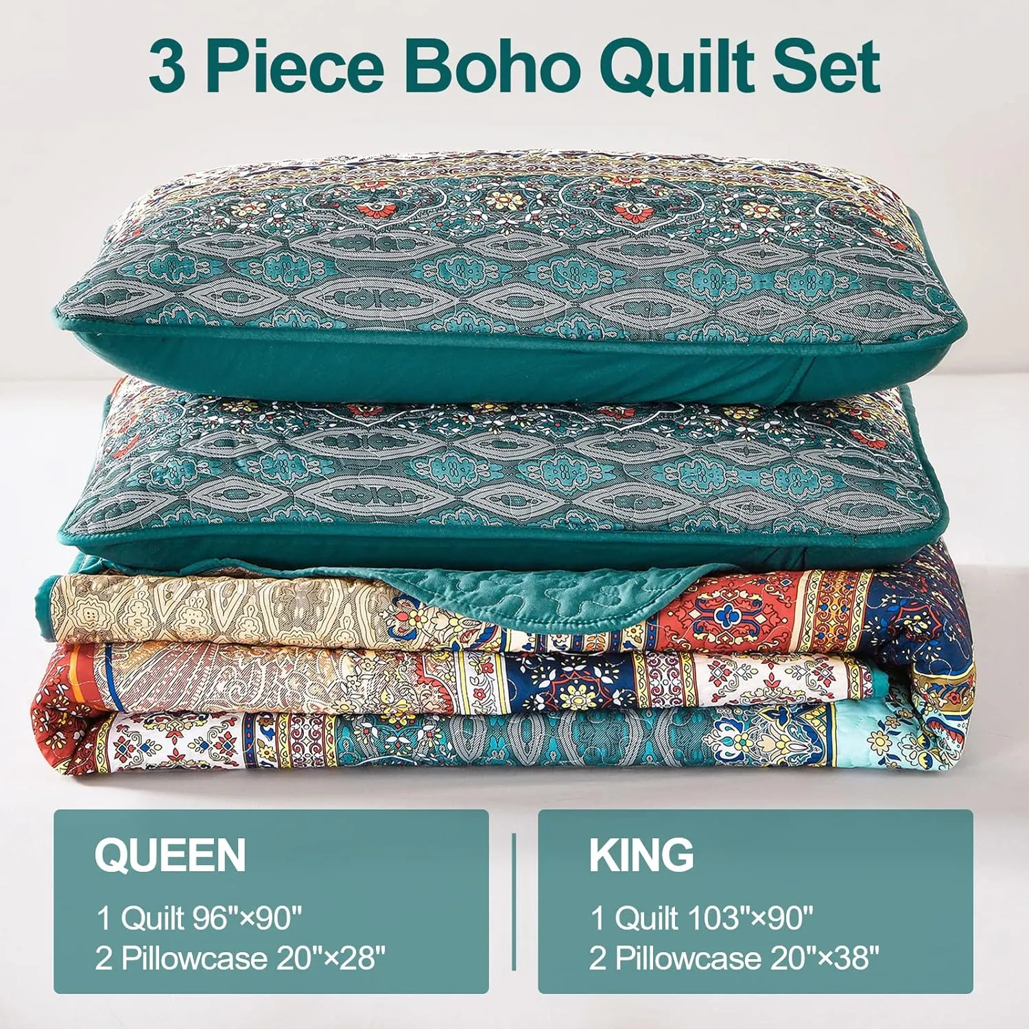 WONGS BEDDING Boho King Quilt Set, Green and Brown Bohemian King Quilt Bedding Set, Lightweight Microfiber Bed Decor Bedspread for All Season 103"x90"(3 Pieces)