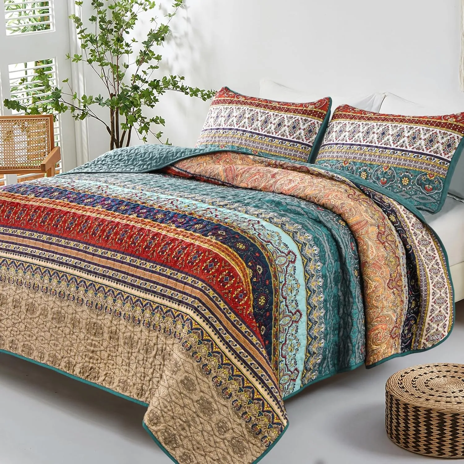 WONGS BEDDING Boho King Quilt Set, Green and Brown Bohemian King Quilt Bedding Set, Lightweight Microfiber Bed Decor Bedspread for All Season 103"x90"(3 Pieces)