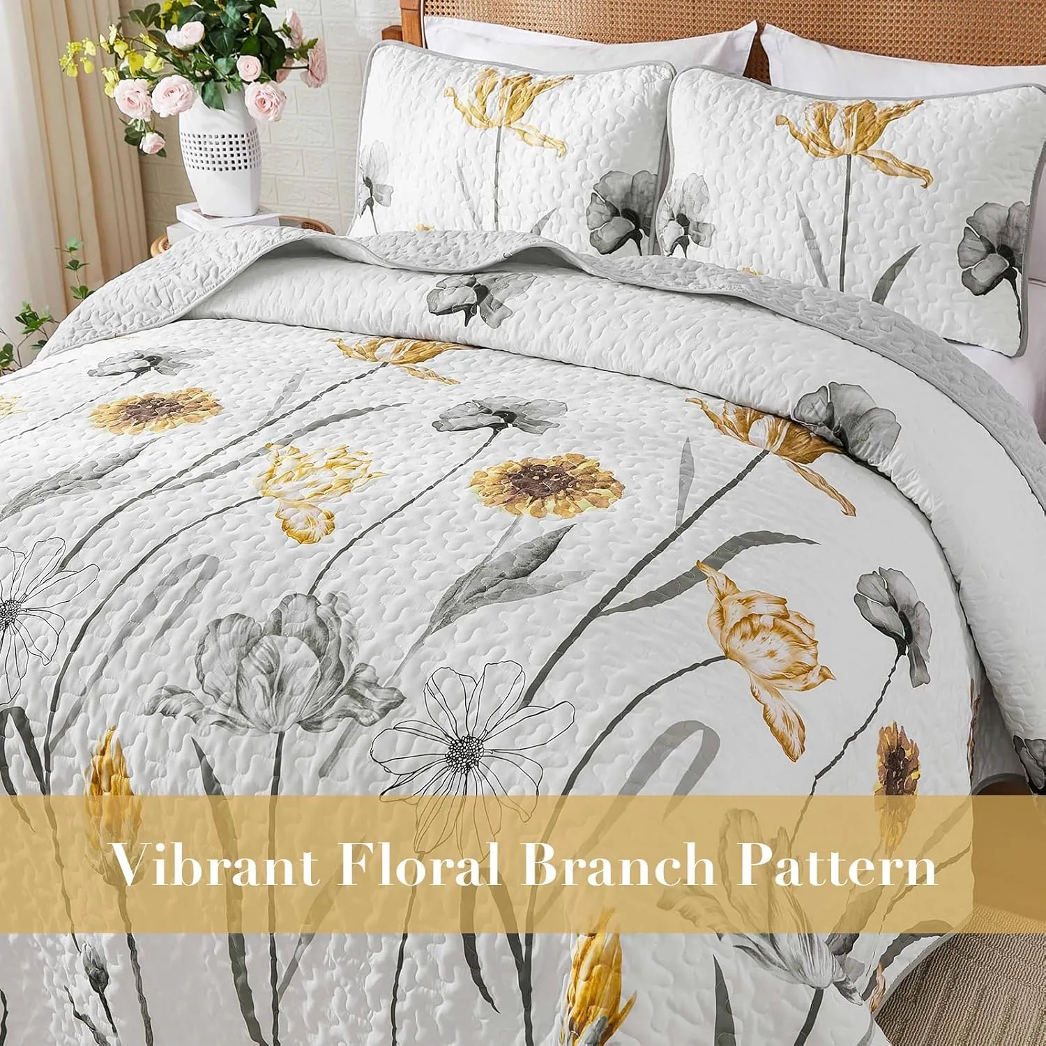 WONGS BEDDING Floral Quilt Set King,Grey and Yellow Bedspread Coverlet Bedding Set with 2 Pillowcase,Lightweight Cute Summer Floral Bedding Set for All Season (104"x90")