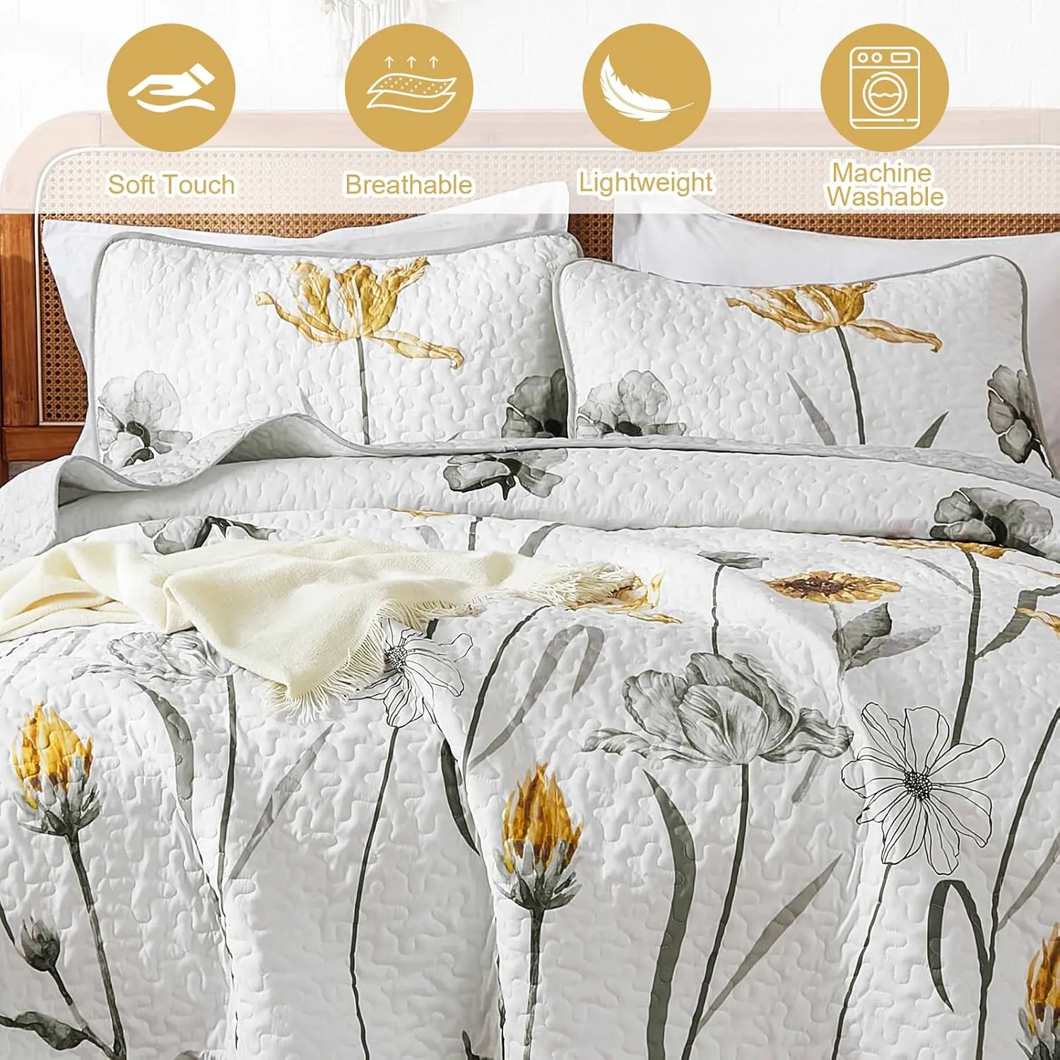 WONGS BEDDING Floral Quilt Set King,Grey and Yellow Bedspread Coverlet Bedding Set with 2 Pillowcase,Lightweight Cute Summer Floral Bedding Set for All Season (104"x90")
