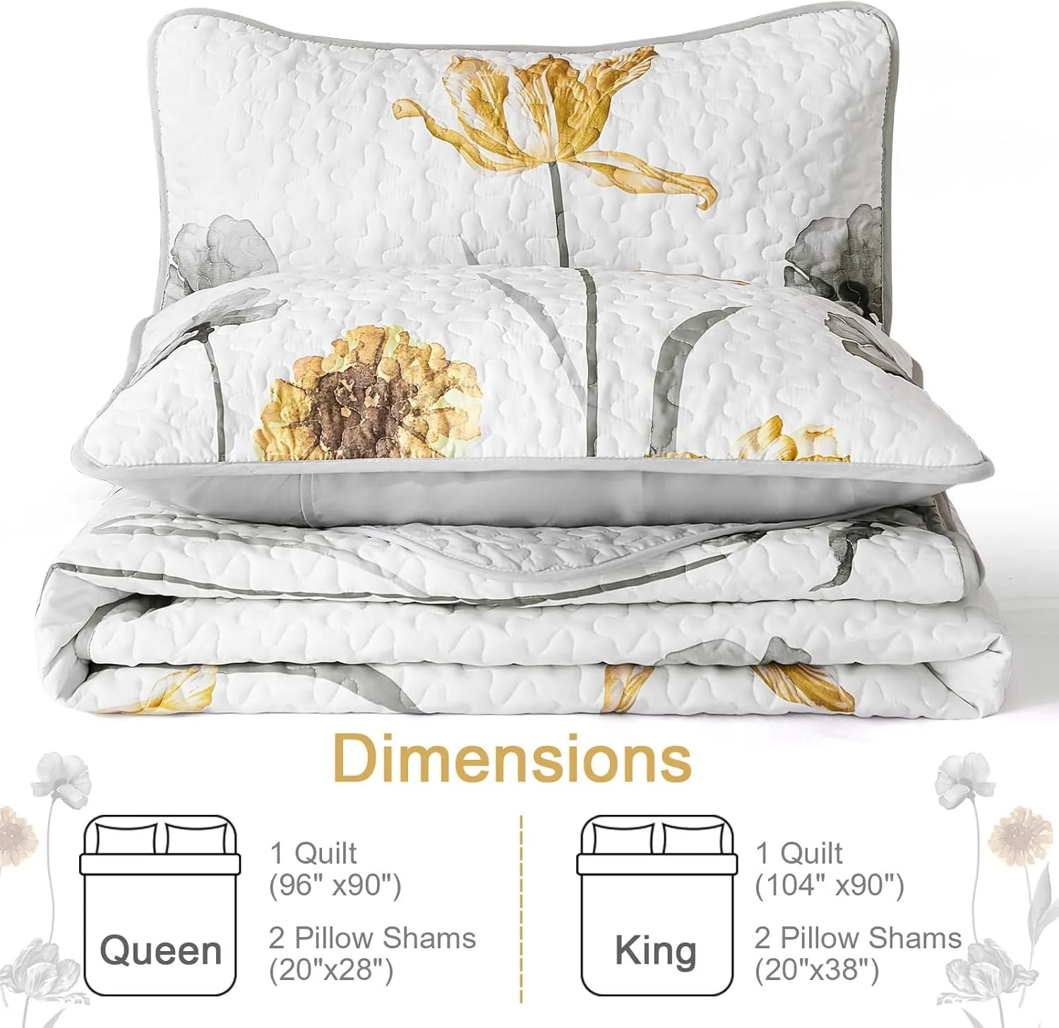 WONGS BEDDING Floral Quilt Set King,Grey and Yellow Bedspread Coverlet Bedding Set with 2 Pillowcase,Lightweight Cute Summer Floral Bedding Set for All Season (104"x90")