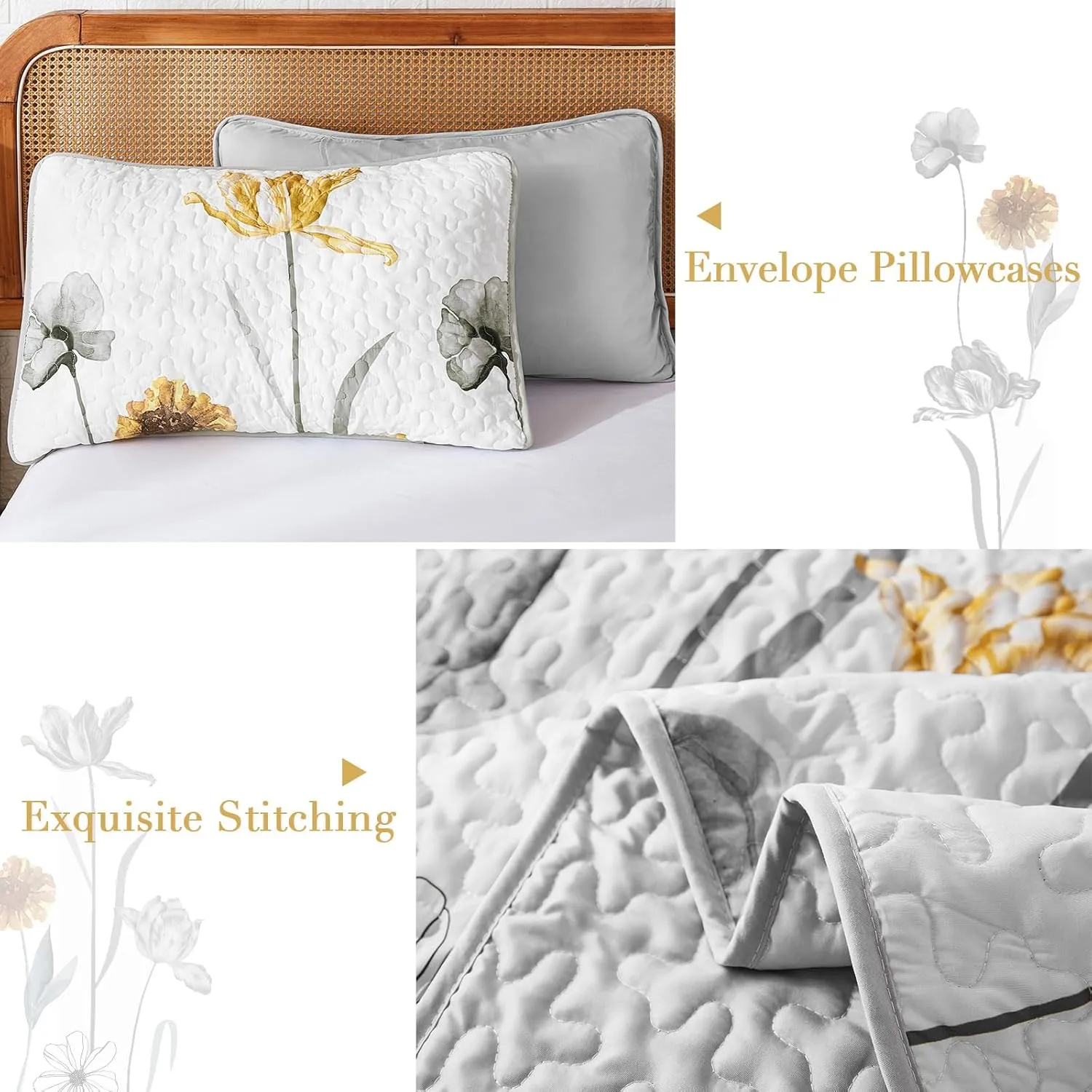 WONGS BEDDING Floral Quilt Set King,Grey and Yellow Bedspread Coverlet Bedding Set with 2 Pillowcase,Lightweight Cute Summer Floral Bedding Set for All Season (104"x90")