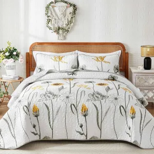 WONGS BEDDING Floral Quilt Set King,Grey and Yellow Bedspread Coverlet Bedding Set with 2 Pillowcase,Lightweight Cute Summer Floral Bedding Set for All Season (104"x90")