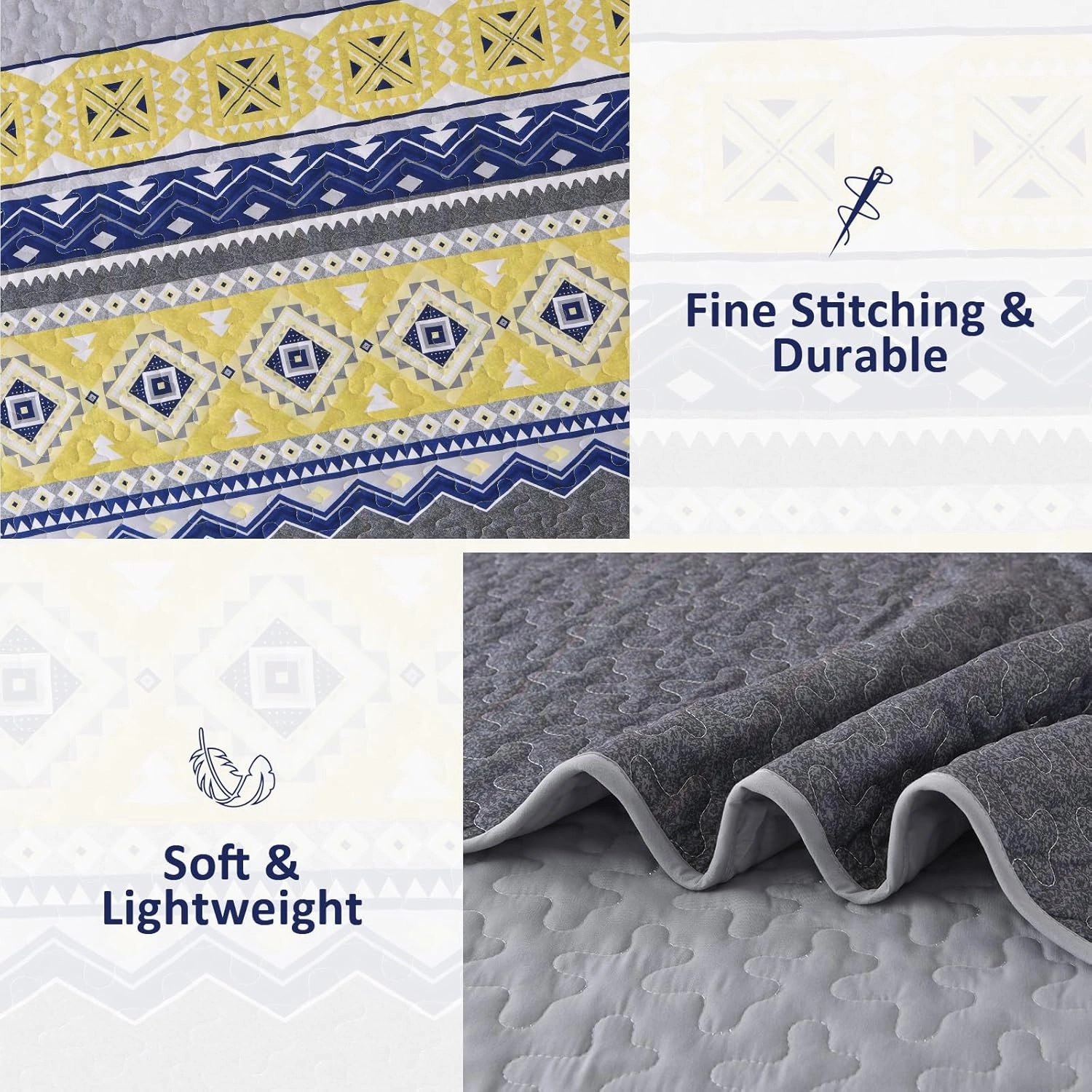 WONGS BEDDING 3 Pieces Quilt Set Queen Size, Grey Yellow Quilt Bedspread Lightweight Bohemian Coverlet Set with 2 Pillowcase, Soft Geometry Printed Bedding Set Queen for All Season 96"×90"