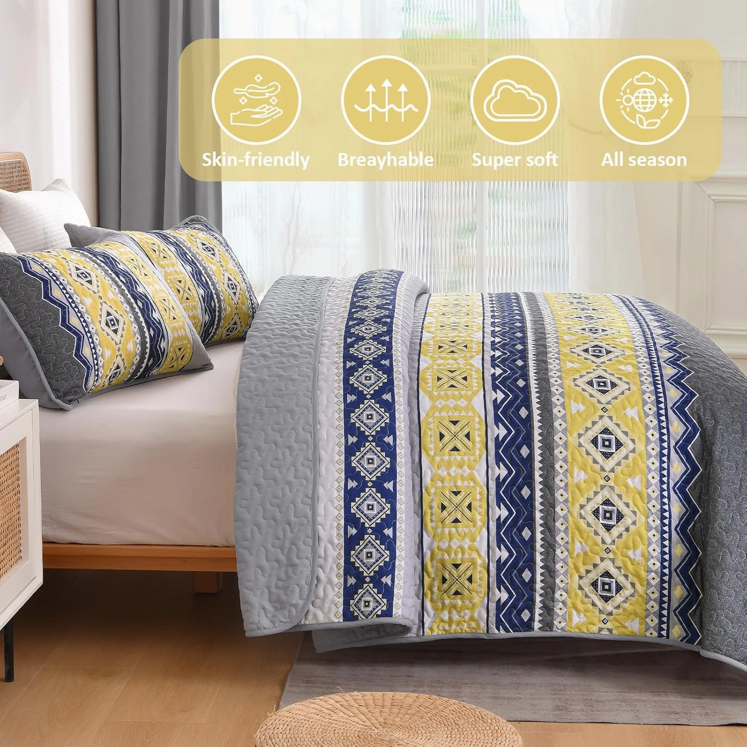 WONGS BEDDING 3 Pieces Quilt Set Queen Size, Grey Yellow Quilt Bedspread Lightweight Bohemian Coverlet Set with 2 Pillowcase, Soft Geometry Printed Bedding Set Queen for All Season 96"×90"