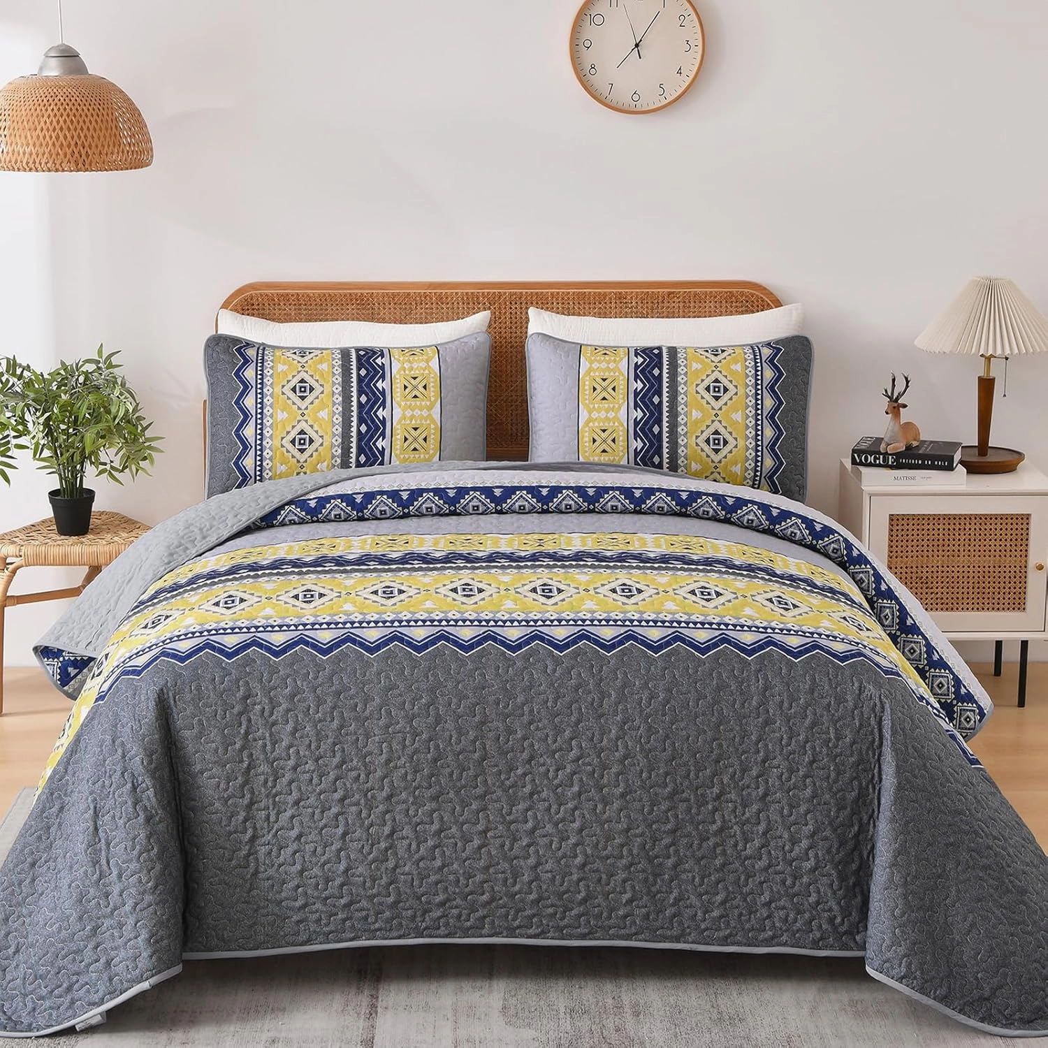 WONGS BEDDING 3 Pieces Quilt Set Queen Size, Grey Yellow Quilt Bedspread Lightweight Bohemian Coverlet Set with 2 Pillowcase, Soft Geometry Printed Bedding Set Queen for All Season 96"×90"