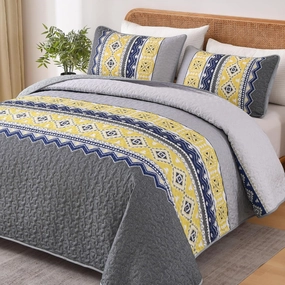 WONGS BEDDING 3 Pieces Quilt Set Queen Size, Grey Yellow Quilt Bedspread Lightweight Bohemian Coverlet Set with 2 Pillowcase, Soft Geometry Printed Bedding Set Queen for All Season 96"×90"