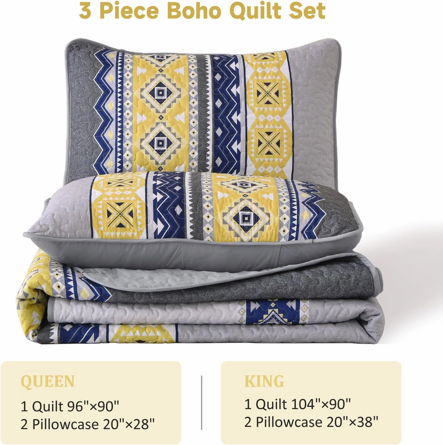 WONGS BEDDING 3 Pieces Quilt Set Queen Size, Grey Yellow Quilt Bedspread Lightweight Bohemian Coverlet Set with 2 Pillowcase, Soft Geometry Printed Bedding Set Queen for All Season 96"×90"