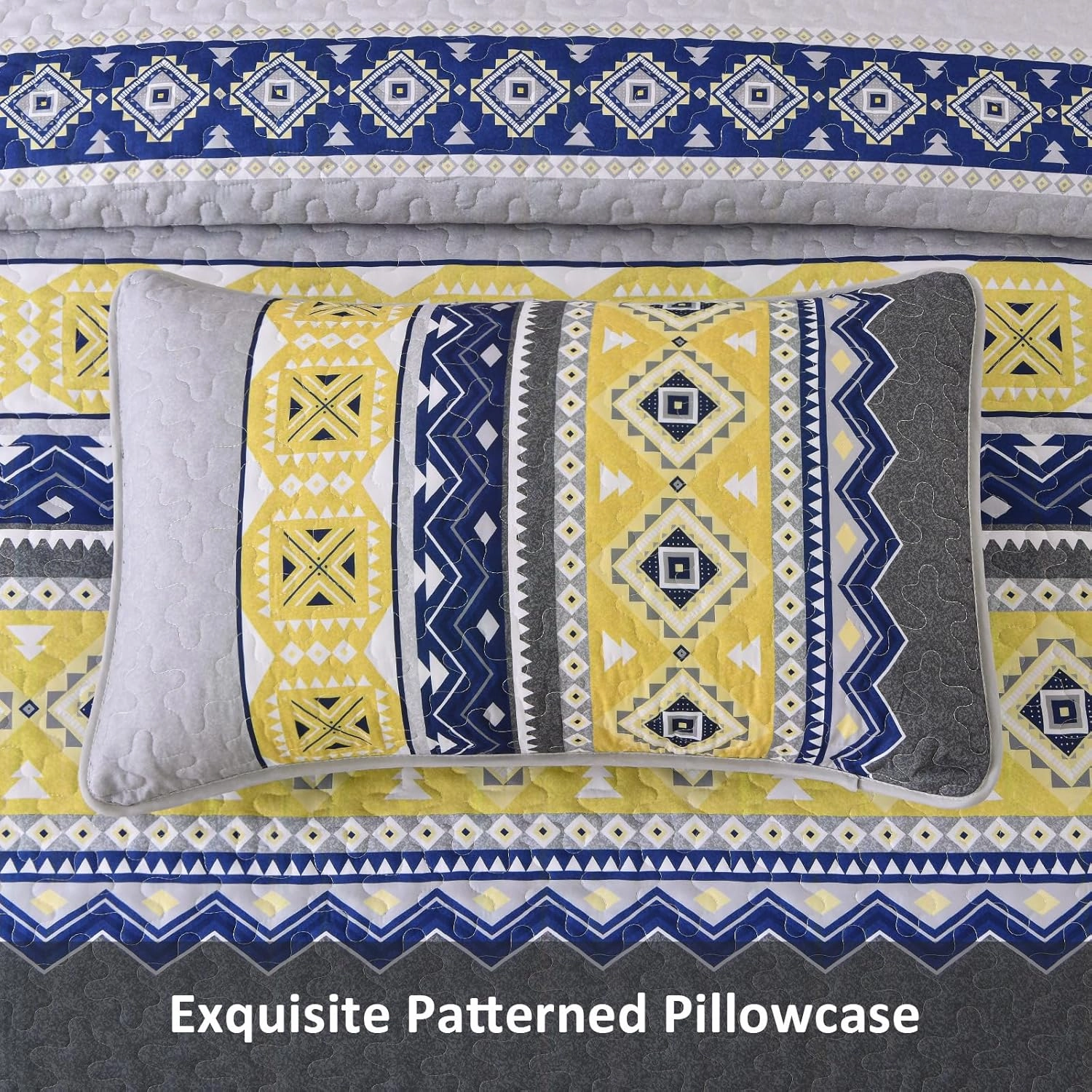 WONGS BEDDING 3 Pieces Quilt Set Queen Size, Grey Yellow Quilt Bedspread Lightweight Bohemian Coverlet Set with 2 Pillowcase, Soft Geometry Printed Bedding Set Queen for All Season 96"×90"
