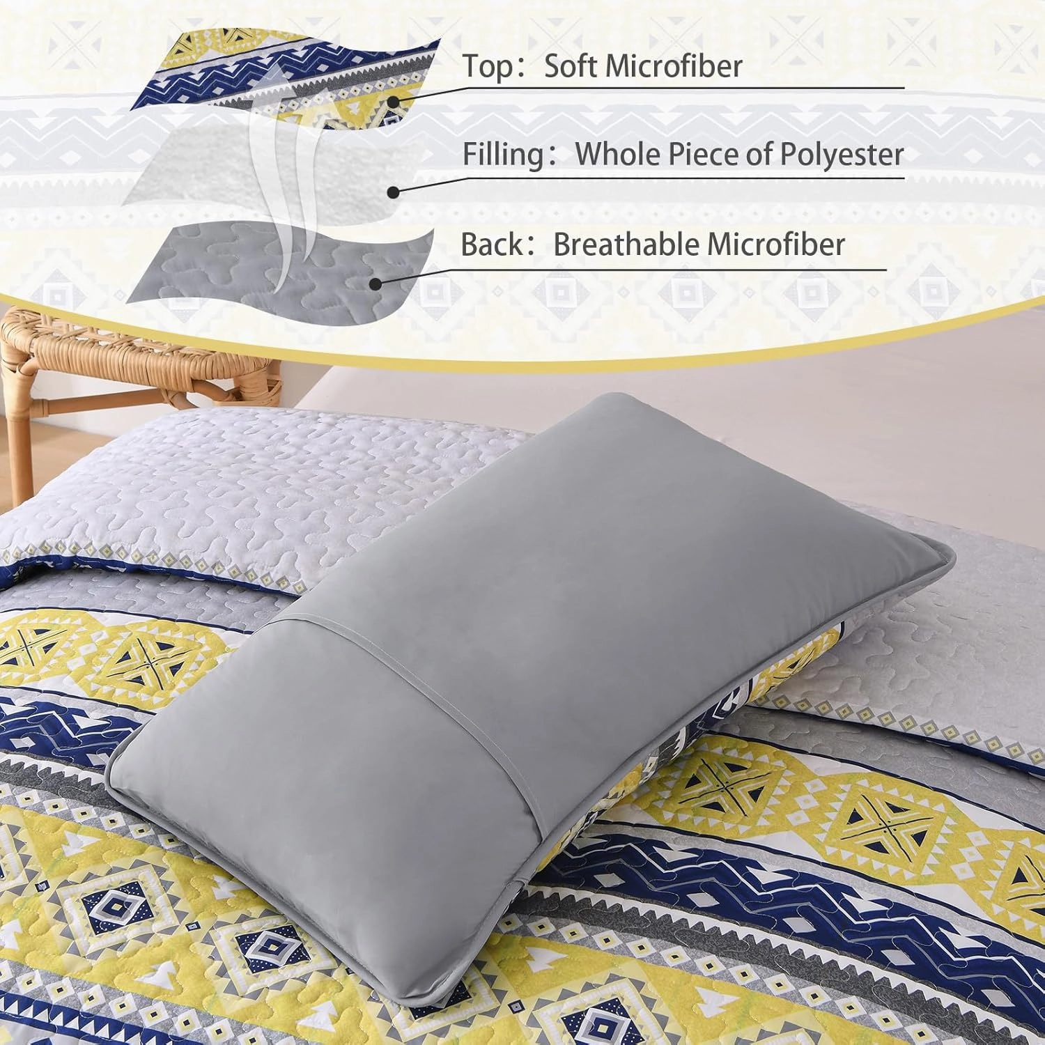 WONGS BEDDING 3 Pieces Quilt Set Queen Size, Grey Yellow Quilt Bedspread Lightweight Bohemian Coverlet Set with 2 Pillowcase, Soft Geometry Printed Bedding Set Queen for All Season 96"×90"